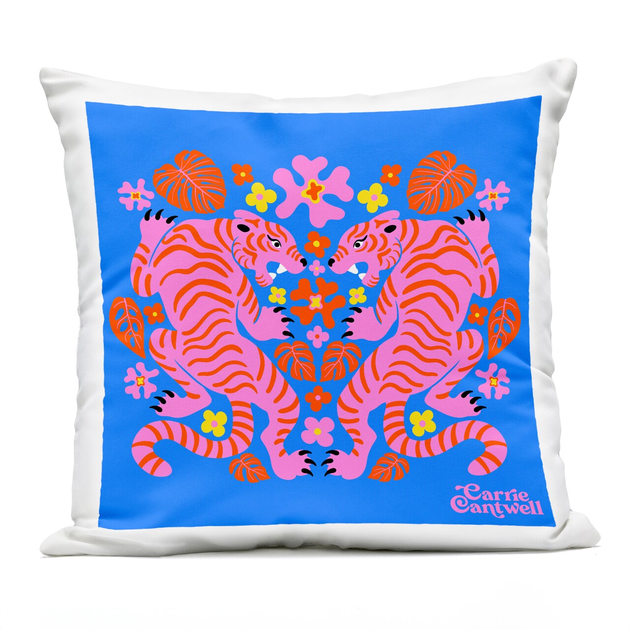 Stupell Industries Pink Tigers and Monstera Outdoor Printed Pillow, design by Carrie Cantwell, 18 x 7 x 18